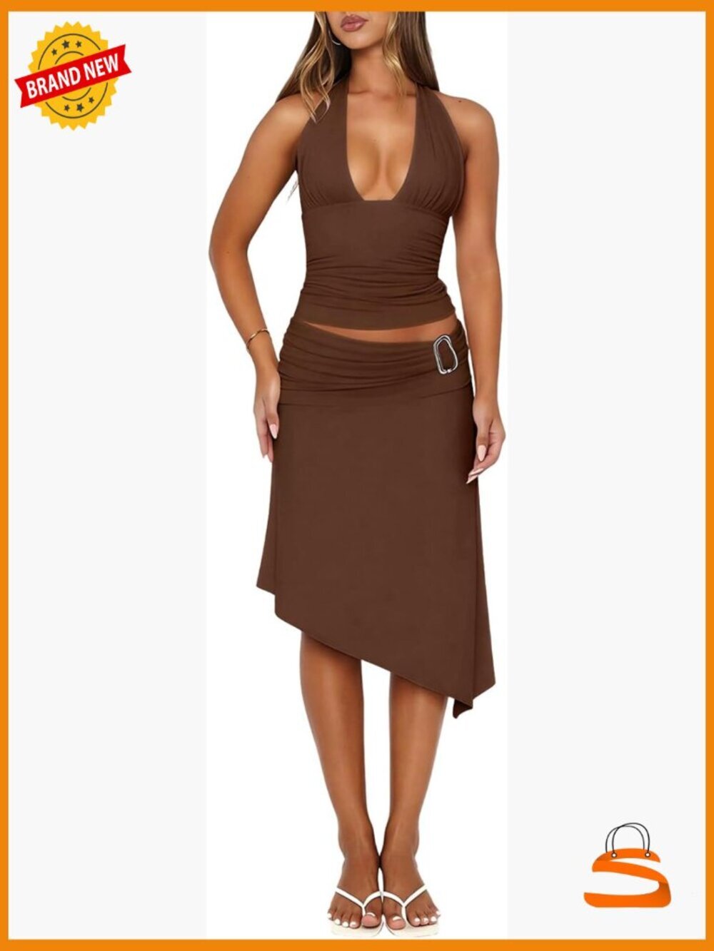 Deep V Halter Top & Asymmetrical Midi Skirt Set 2 Piece Outfit